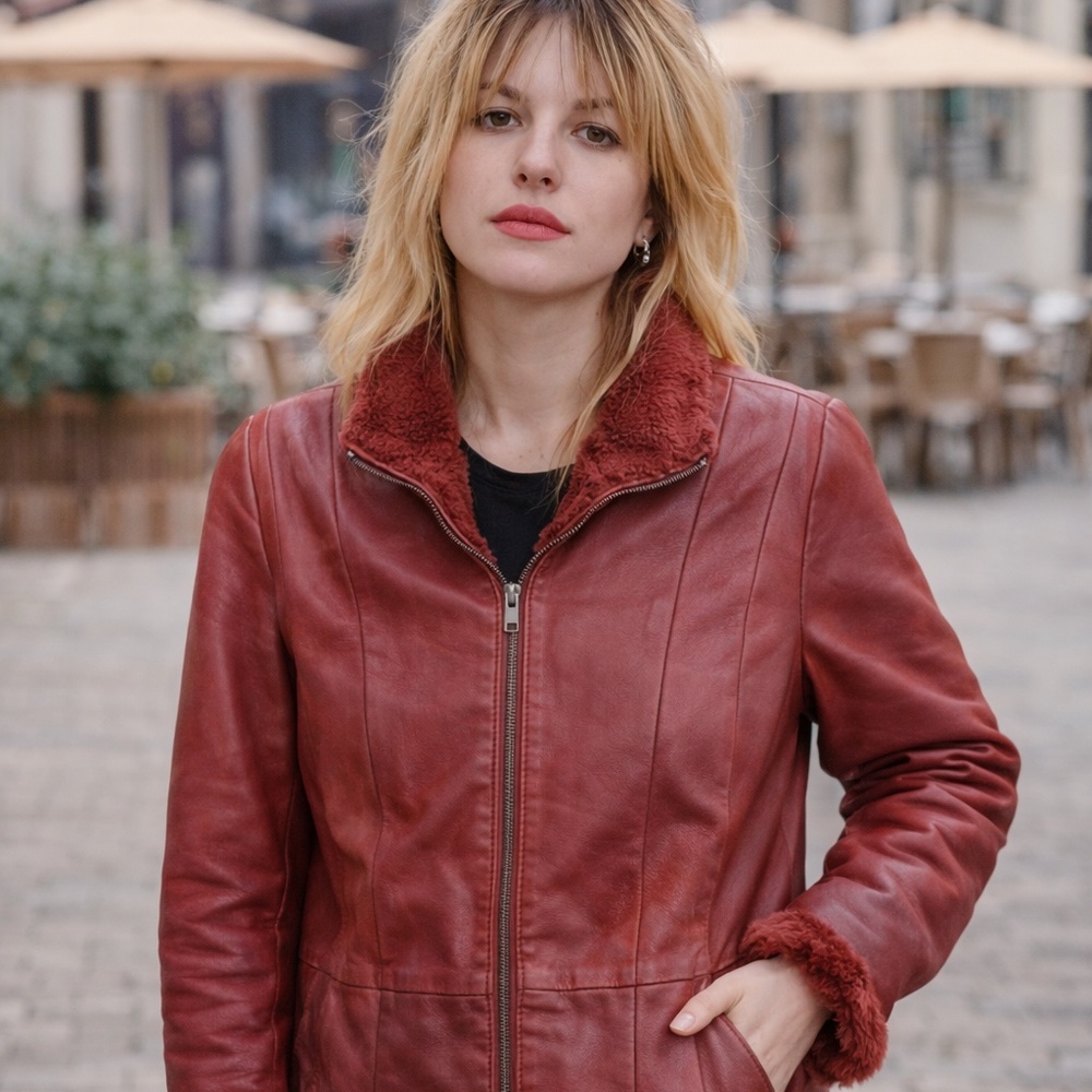Vintage Veranesi Red Leather Jacket | Faux Fur Lined | 14W‎